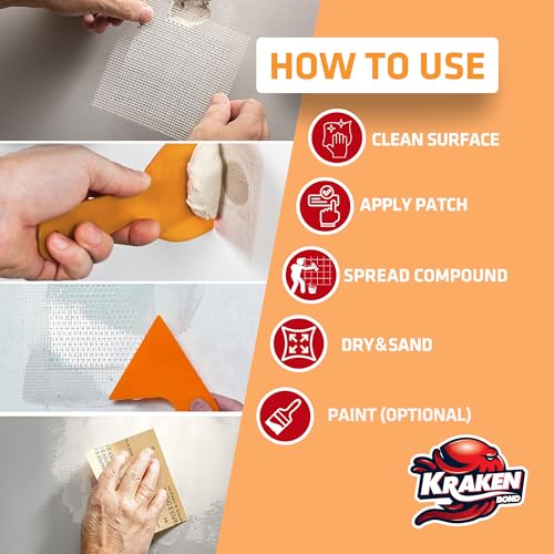 Kraken Bond Drywall Patch Repair Kit - (2x8 fl.oz.) Easy to Use Wall Patch Repair Kit for Drywall Hole & Cracks, Includes Aluminum Self-Adhesive Patch, Grit Sandpaper, Plastic Putty Knife, 2 Pack - size: 2 Pack