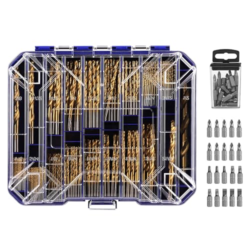 276pc Titanium Twist Drill Bit Set with S2 Bits 135° Tip High Speed Steel, Size from 1/16" up to 1/2", Ideal in Wood Cast Iron Aluminum Alloy Plastic Fiberglass, Clear Lid Case - size: 276 Piece Twist Drill Bits Set 135°