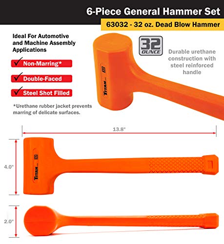 Titan 63136 6-Piece Hammer Set, Includes 16oz & 32oz Ball Pein, 32oz Rubber Mallet, 3lb Sledgehammer, 2lb Dead Blow & 3lb Cross Pein - style: 6pc Set Assorted