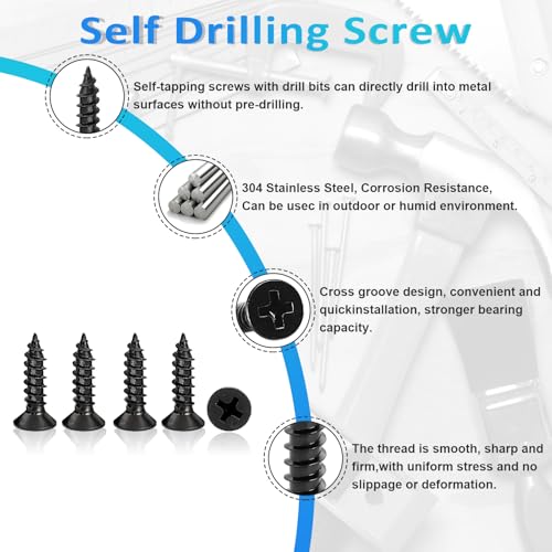 100PCS #6 x 1/2" Black Wood Screws, Flat Head Stainless Steel Sheet Metal Screws, Fast Self Tapping Screws for Deck Drywall Concrete Screws with Screwdriver Bit - style: Black #6X1/2" Flat Head 100PCS