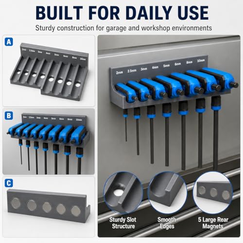 Magnetic T-Handle Hex Wrench Organizer Rack – Tool Storage for T-Handle Metric Keys – Compatible with Harbor Freight ICON Sets – Wall, Toolbox & Garage Mountable