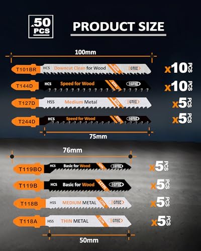 BGTEC 50PCS T Shank Jigsaw Blades Set - HCS/HSS Jig Saw Blades - size: T119B-T244D, style: 50 PCS