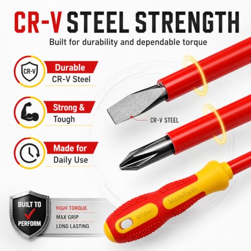 Insulated Screwdriver Set 1000V, 10-Piece Electrician Screwdriver Set with Voltage Tester, Magnetic Tips, Cr-V Steel, Slim Ergonomic Grip - style: Red yellow With Zipper Case
