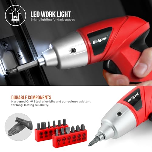 Hi-Spec 3.6V USB Small Power Screwdriver & Home DIY Tool Kit with Case, Red - color: Light Red