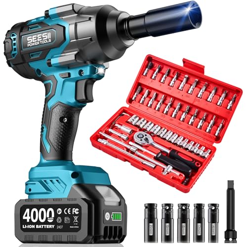 Seesii Impact Wrench 1000N.m(738 Ft-Lbs) & 46PCS 1/4″ Drive Socket Set Tool - color: 738 Ft-lbs / 2x4.0ah Battery & Socket Wrench Set