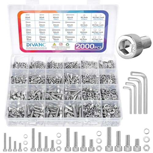 Metric Screw Assortment, 2000PCS Metric Bolt Assortment Kit M2 M3 M4 M5 Machine Screws with Lock & Flat Washers, 304 Stainless Steel Hex Socket Head Cap Screws Nuts and Bolts Kit (Silver) - size: M2M3M4M5 2000PCS (Silver)