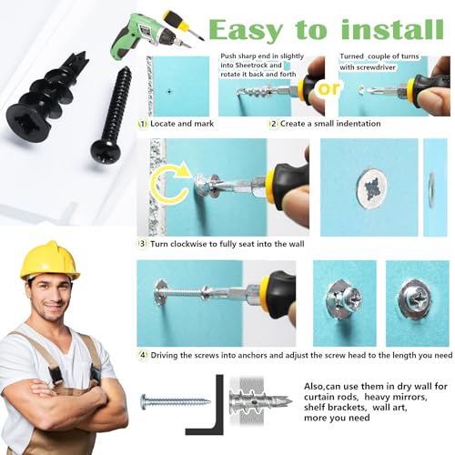 50Pc #8 Black Self Drilling Metal Drywall Anchors Heavy Duty and Screws kit