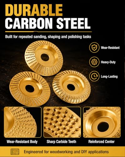 3PCS Wood Carving Tools Sanding Disc Stump Grinder Angle Polishing Pad Grinding Tungsten Carbide Wheel Discs for Attachments Tiktrove Sander Blades Set Pads Cutting Scraper Cordless (Gold)