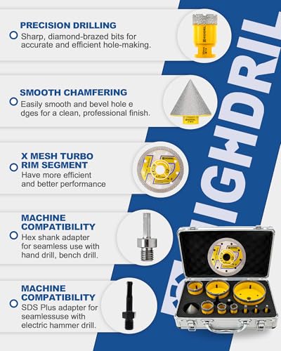 HIGHDRIL 13Pcs Diamond Hole Saw Kit - 1/4", 1/4", 5/16", 4/5", 1", 1-3/8", 2", 3", 4" Drill Bits with 2" Beveling Chamfer Bit, Adapters & Saw Blade for Tile Porcelain Ceramic Granite Marble - size: Kit 3 Thread