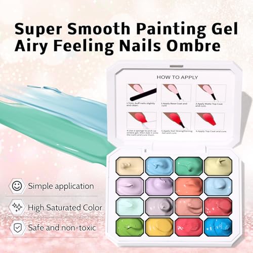 Ombre Gel Polish Palette,16Colors Pat Gel Paint Nail Art Kit Sponge Patting - color: 16 Colors G