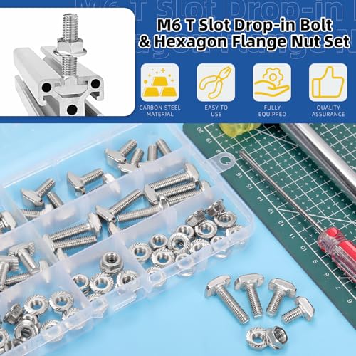 Glarks 80pcs M6 T Slot Drop-in Bolt with Hexagon Flange Nut Set, 12/16/20/25MM Hammer Head T-Bolt, T Shape Stud Sliding Screw, T Screw Stud for European Standard 30 Series Aluminum Profile - size: M6
