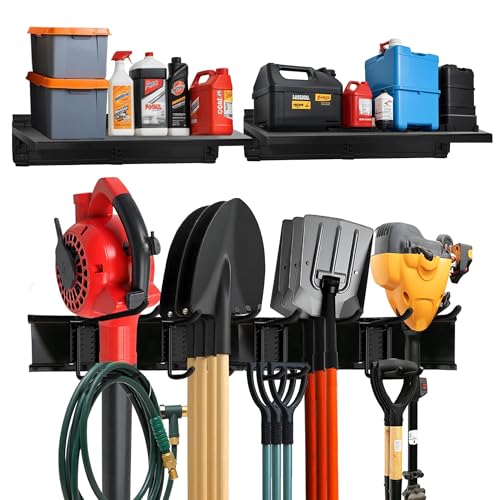 TIDYME Garage Tool Organizer Wall Mount 64", 2 Shelves & 4 Double Hooks - size: 64" (2 Shelves)