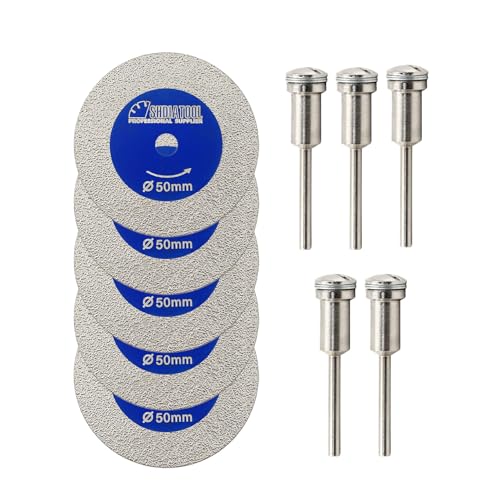 SHDIATOOL 50mm (2 inch) Diamond Glass Cutting Blade with 3MM Shank, Mini Carving Disc for Drill Machine on Glass, Tile, Porcelain, Ceramic(Pack of 5) - size: 50mm (2")