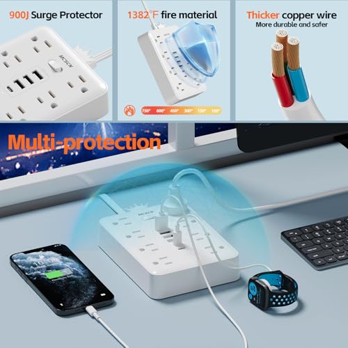 Power Strip 10ft Cord 8 Outlet 6 USB Surge Protector Flat Plug White - size: 10 feet