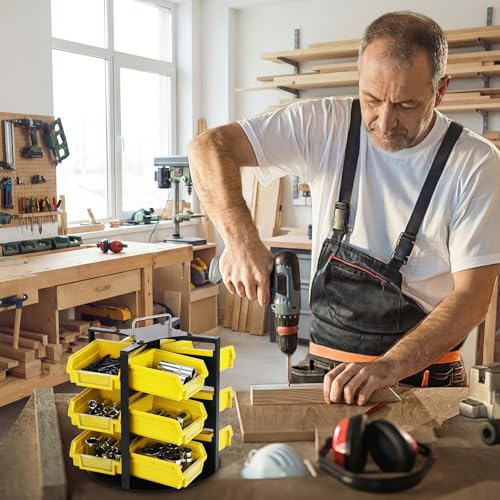 Geelin 12 Bins Rotating Storage Bins Tool Organizer 3 Tiers Hardware Crafts Small Parts, Nuts and Bolts, Revolving Storage for Workshop, Shed, Garage, Home (Yellow)
