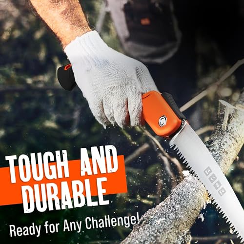 Folding Camping saw 11 Inch - Heavy Duty Pruning Saw with Triple-Cut SK5 Blade, 7 TPI Razor Teeth for Tree Trimming, Wood Cutting, Camping, Bushcraft, and Gardening - size: 11 INCH (Orange)