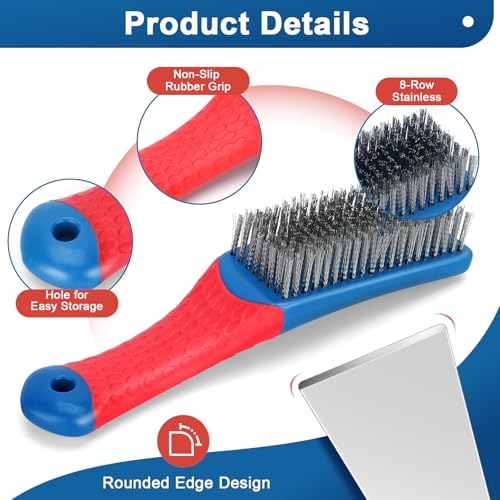 4-Pack Heavy Duty Wire Brush and Scraper Set, 3 Stainless Steel Scratch Brushes & 1 Metal Scraper for Aggressive Cleaning, Rust, Paint Removal, Grill, Kitchen, Auto, DIY with Non-Slip Handle