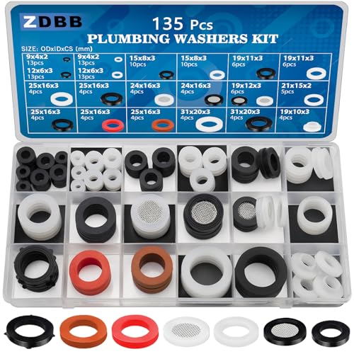 ZDBB 135 Pcs Flat Washer,Silicone and Nitrile Rubber Assortment Kit, Used for Faucet,Shower Head, Garden Hoses, Reusable Flat Washer O Rings - size: OD: 31, 25, 24, 19, 15, 14.5, 11, 9mm