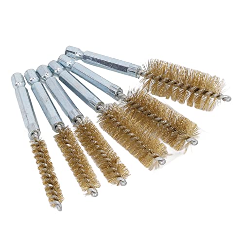 Walfront 6PCS Nylon Bore Brush Cleaning Brush Set 1/4" Hex Shank for Drill Twisted Wire Cup Brush for Cleaning Holes Tubes Non-Scratch Cleaning for Automotive Welding (Yellow Copper) - size: Brass Wire (Yellow)
