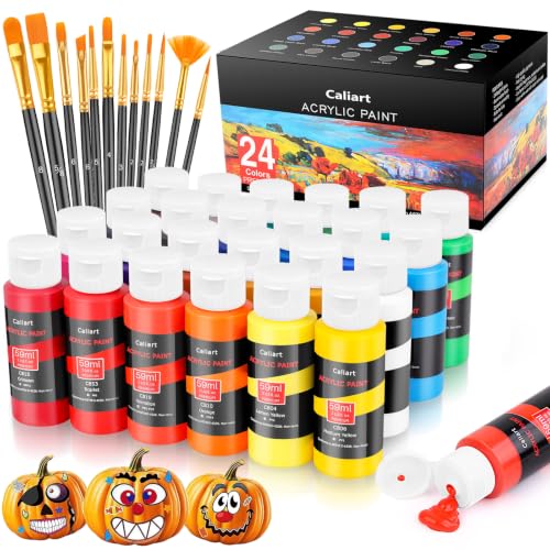 Caliart 24 Colors Acrylic Paint Set with 12 Brushes - color: Regular, size: 2 Fl Oz (Pack of 24)