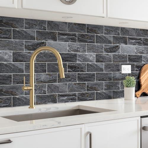 StyloVue 100 Pieces Peel and Stick Backsplash for Kitchen, 3" x 6" PVC Subway Tile 2026 Upgraded Gray-Gold Stone Backsplash Stick on Tile Elevate Kitchen Fireplace RV - color: Gray-Gold Stone