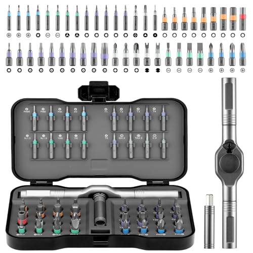 50-in-1 Magnetic Ratchet Screwdriver Set, S2 Steel T Handle Repair Tool Kit | Furniture, Computer, Bicycle, Appliance, DIY, Electronics, Portable Case, 48 Bits, Color-Coded, 80% Effort-Saving