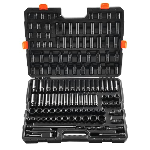 VEVOR Impact Socket Set 130 Piece 3/8" & 1/2" - SAE & Metric Drive Socket Set - 6 Point Cr-Mo Alloy Steel for Auto Repair - Easy-to-Read Size Markings - Includes Storage Case - size: 1/2" 3/8" 130 PCS