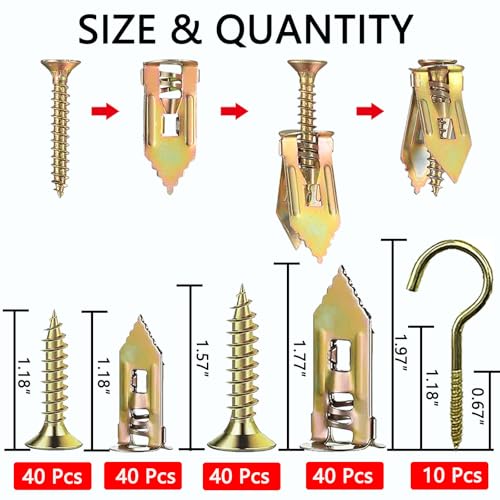 170Pcs Self Drilling Drywall Anchors and Screws Kit,160 Zinc Plated Steel Expansion Screws and 10 Hook Screws.Wall Anchors for Drywall, Wall,Mounting Mirror,Picture Frames