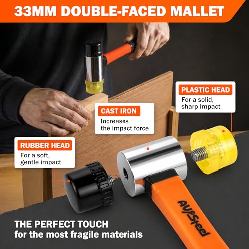AV Steel 5-Pack Mallet Hammer Set - 32oz Rubber Mallet, 33mm Double-Faced Mallet, 16oz Claw Hammer, 16oz Ball Peen Hammer & 3lb Sledge and Gloves for DIY and Home Repair