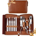 FAMILIFE Stainless Steel Manicure Set 11-in-1 Professional Nail Clipper Kit | Portable Leather Travel Case, Pedicure & Grooming Tools for Fingernails & Toenails, Luxury Gifts Set for Men & Women, Brown - color: Brown