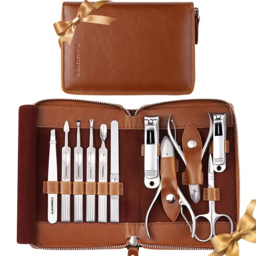 FAMILIFE Stainless Steel Manicure Set 11-in-1 Professional Nail Clipper Kit - color: Brown