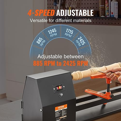 VEVOR Wood Lathe, 14 in x 40 in, 4 Speed Adjustable 885/1245/1715/2425 RPM 0.5 HP 370W Power Wood Turning Lathe Machine with Chisels Faceplate Plastic Handle Hex Wrench for Woodworking - size: 14" x 40"-0.5HP