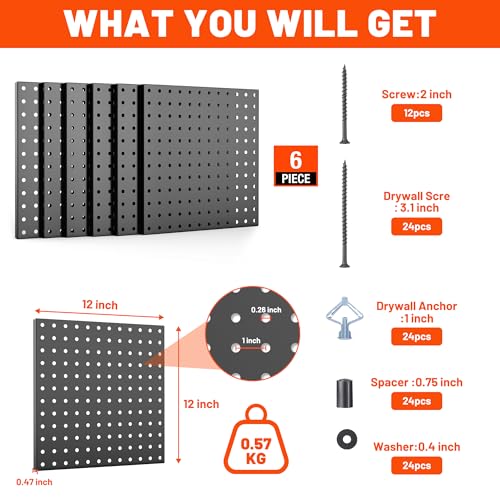 ValueMax 6 Pack Metal Pegboard Panels, 12"x12" Wall Tool Organizer
