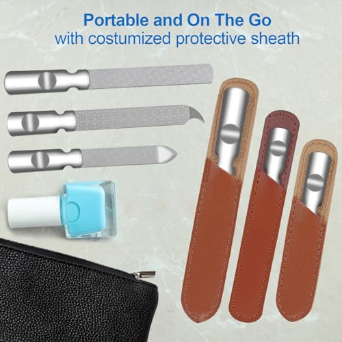 Stainless Steel Nail File (3 Pack) for Natural Nails, Metal Nail Files with Sharp Pointed Tip Fingernail File Sheath Case Double Sided Reusable Flat File Manicure Tool Home Salon Travel Use Men Women - size: 3 Pack Stainless Steel Nail File with PU Case