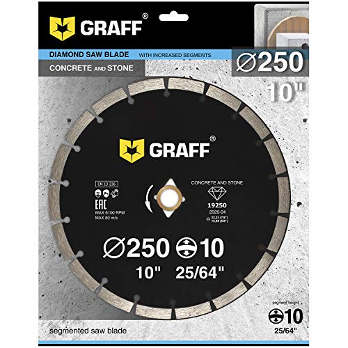 10 Inch Diamond Blade for Angle Grinder — Diamond Cutting Wheel for Cutting Stone, Marble, Granite, Brick, Masonry, Paving Flag, Concrete — Diamond Saw Blades Segment Height 0.394” (10 mm) — GRAFF - size: Ø 10 Inch Segment, style: Diamond Segment Blades