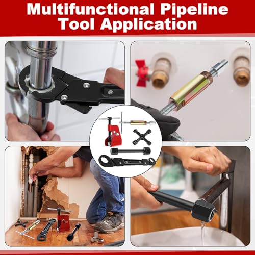 5 Pcs Angle Stop Wrench Kit Plumbing Tool, Compression Sleeve Puller for 1/2" Compression Fitting Ferrule Puller Removal Tool for 1/2" Copper Tubing 4-way Multi-functional Utility Key (Black) - color: Black
