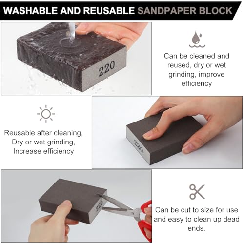 Romeda 8-Pack Sandpaper Block, 220 Grits Washable and Reusable Handmade Sanding Sponge, Drywall Sandpaper Blocks for Wooden Drywall Sheetrock and Metal Glazing - color: 220 Grits, size: 8-Pack