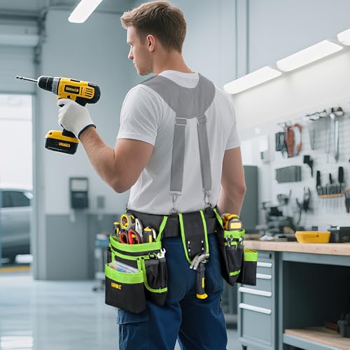 Tool Belt with 4 D-Rings,27-Pockets Tool Belts for Men,Construction - color: Green & Black, size: 27 Pockets with Magnet Pouch
