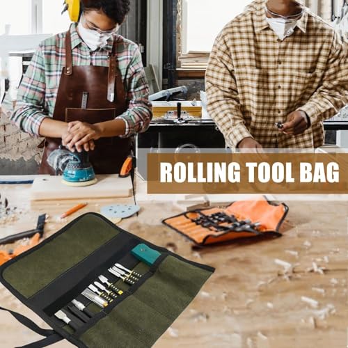 BLIRITEL Small Canvas Chisel Roll, Chisels Bag Tool Organizer with 4 Pockets, Metal Pry Bar Plier Wrench Roll Tool Pouch for Mechanic Carpenter Craftsman (Army Green) - color: Army Green