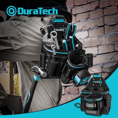 DuraTech Tool Pouch with Belt Clip, Electrician Tool Pouch with Tape Measure Holder & Hammer Loop, Quick Release Buckle, Expandable Support Frame, Ideal for Construction, Carpentry and Handyman Use - style: Large