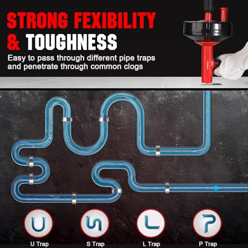 Drain Auger 33 Ft with Easy Cable Rewind System, Plumbing Snake with Drill Adapter, 2026 Upgraded Flexible Spring Steel Drain Cleaner for Kitchen, Bathroom, Shower & Sink