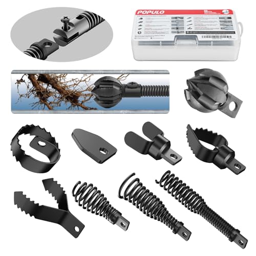 POPULO 9-in-1 Ultimate Professional Drain Snake Attachment Set: Large 6-Blade Root Cutter and 8-Piece Drill Auger attachment, for 1.5-4 Inch Pipes, Annihilates Tree Roots & Tough Clogs - style: 9 - Piece