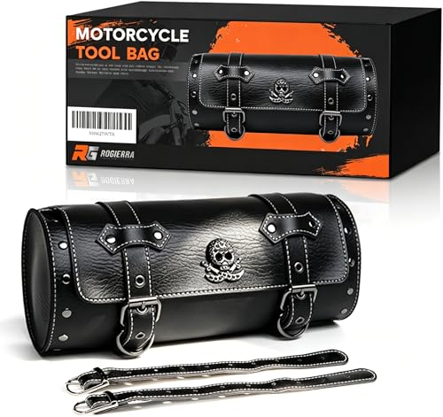 Rogierra 5.8L Universal Motorcycle Fork Bag - PU Leather Waterproof Tool Roll Bag with Metal Skull Design, Sissy Bar Handlebar Storage Saddlebag With Reinforced Straps, Black - style: Metal Skull Badge With Nails