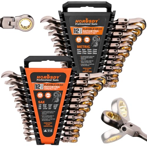 HORUSDY 24-Piece Flex-Head Ratcheting Wrench Set, Metric(8–19mm) & SAE(1/4-7/8") Combination Wrenches, 72-Tooth CR-V Steel, Ratchet Spanners with Wrench Organizer for Repair - style: 24-Piece Flex-Head Ratcheting - Pro Complete