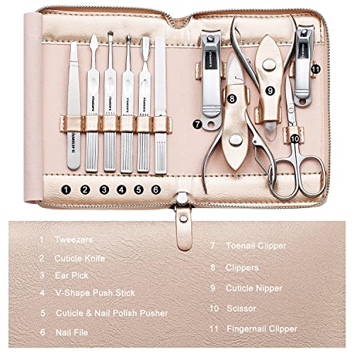FAMILIFE Stainless Steel Manicure Set 11-in-1 Professional Nail Clipper Kit | Portable Leather Travel Case, Pedicure & Grooming Tools for Fingernails & Toenails, Luxury Gifts for Men & Women, Rose Gold - color: Gold