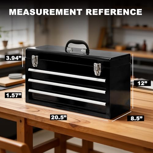 3 Drawer 20“ Metal Tool Box Portable Steel Tool Chest with Metal Latch Closure for Garage, Home and Workbench,Black - size: 20Inch-BLACK
