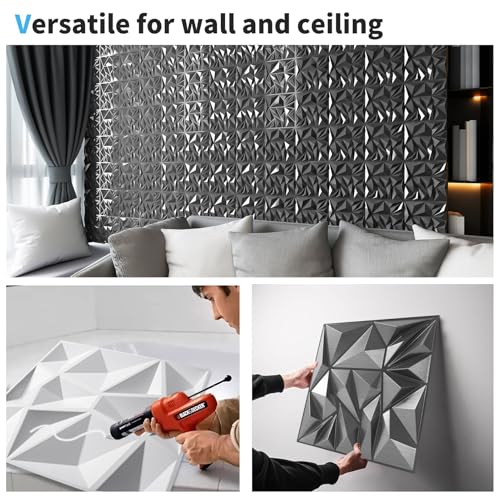 Art3d 33-Pack Modern Diamond Textured 3D Wall Panels, 12 x 12 in, Silver - color: ‎Silver, size: 12x12 Inch 33 pcs