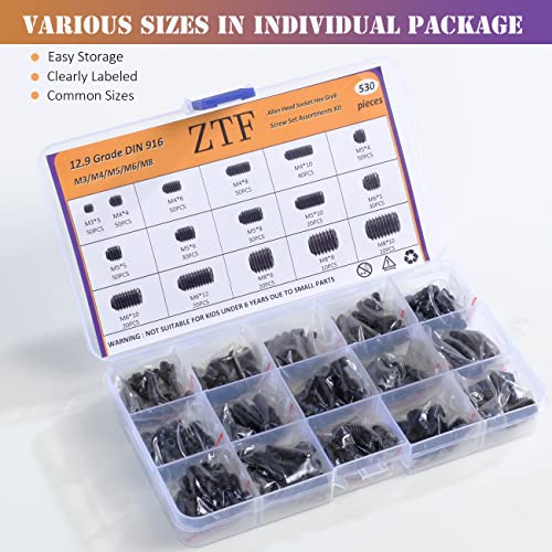 ZTF 530Pcs Metric Set Screw Assortment Kit, M3 M4 M5 M6 M8 Grub Screws - size: back-530pcs