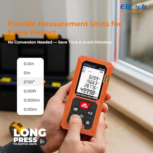 Elitech Laser Measuring Tool, 165ft Laser Tape Measure with Bubble Level - style: Dual Bubble