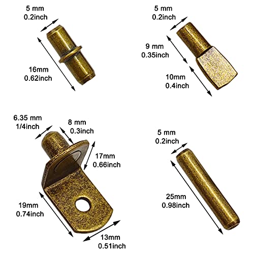 104Pcs Shelf Pins Pegs Kit,4 Styles Shelf Support Pegs,Bookshelf Pegs for Shelves,Cabinet Shelf Bracket Pegs Shelf Holders Pins for Kitchen Furniture & Closet (5mm & 1/4inch,Bronze Tone) - style: 4 Style-Bronze tone-104 Pcs